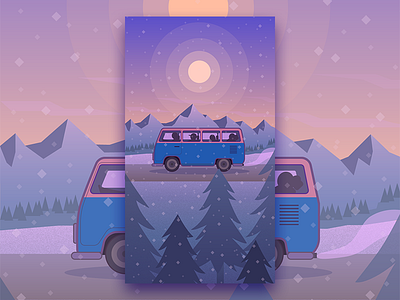 Bus Tour 4 Mountain blue bus illustration moon mountain pink purple road snow tour vector winter