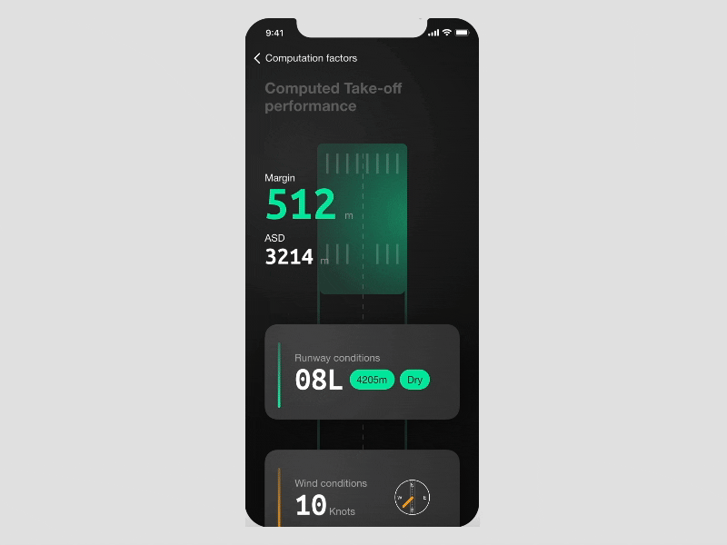 Take-off performance app for pilots aircraft dark dashboard flinto mobile pilot ui
