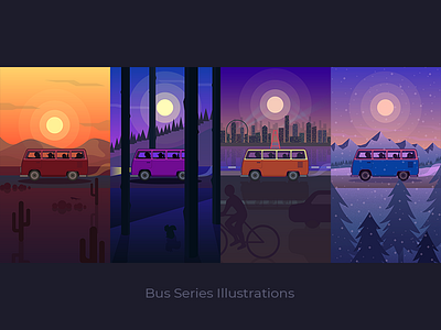 Bus Series Illustrations bus city desert illustration moon mountain orange purple road sunset vector winter