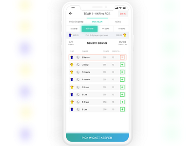 Pick cricket Squad - Fantasy Sports app clean cricket dream11 fantasy fluent iphone x ipl mobile sports ui ux