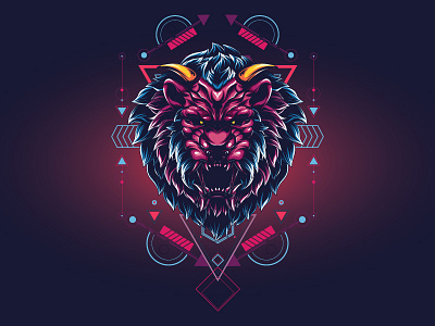 Mythical Lion animal color illustration lion modern neon poster sacred t shirt vector wild