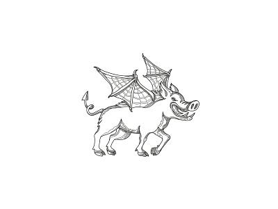 Winged Wild Boar Doodle Art bat wings doodle hog pig razorback sus scrofa swine wild boar wild swine eurasian wild pig winged