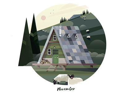 November Cabin cabins illustration mountains nature sheep trees vector wood