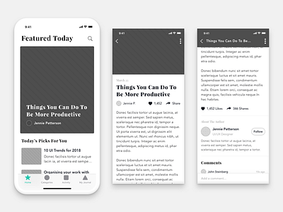 Blog Journal app article blog editorial ios11 iphone x journal news ui ux wireframes