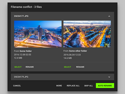Name conflict resolution dialog expansion panels file manager material design ui