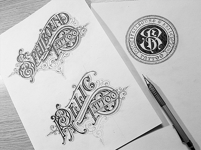 Spellbound & Relic Tattoo sketches caligraphy handlettering lettering logo logotype sketch typography vintage