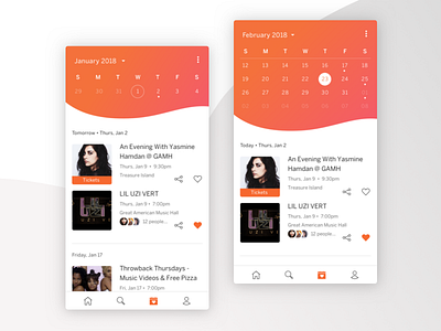 Liked Events app calendar card event friends heart icon month tab ui