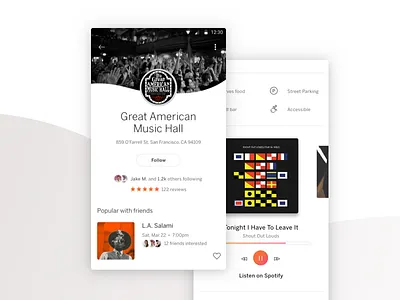 Venue Page android app avatar card event hero icons image playlist reviews spotify ui