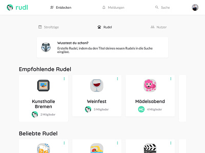 Explore page cards community dashboard explore flat design masterthesis material design minimal social network
