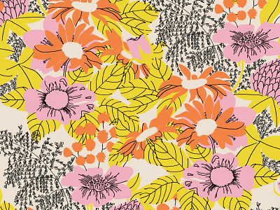 Flowers au Sherbet floral flowers illustration ink pen repeating pattern retro surface design