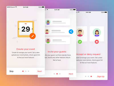 Event management app- walkthrough event guest ios material minimal screens ui ux walkthrough