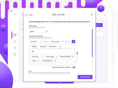 Back Office Coffee App coffee delivery and pick up customize edit order form presentation purple user experience user interface