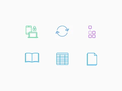 Marketing - Icons book brochure colored data icons integration responsive secured sheet sync