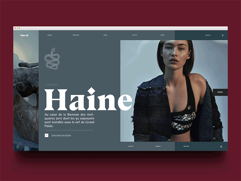 M E R O E animated fashion scroll snake transition typography ui ux