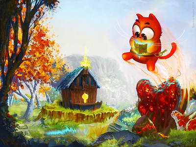 Digital illustration with cat and wooden house asia cat china game illustration landscape mood nature trees village 开心 游戏
