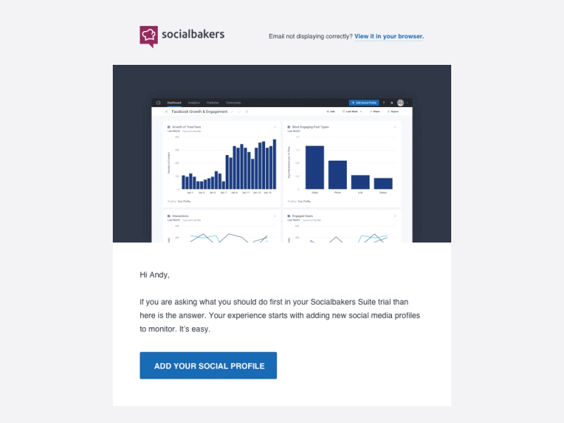 Add Social Profile Email animation email facebook metrics motion social media socialbakers statistics ui ux