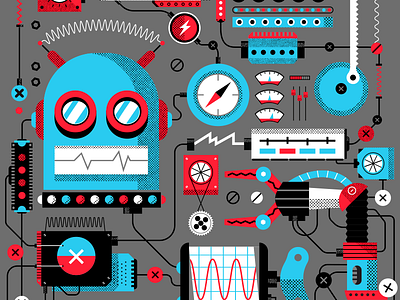 Bots arm bots cables conference illustration meter robot screw vector