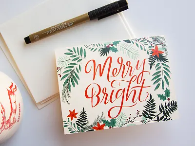 Merry + Bright Christmas Card card christmas christmas card garland greenery greeting card hand lettering holiday merry and bright typography
