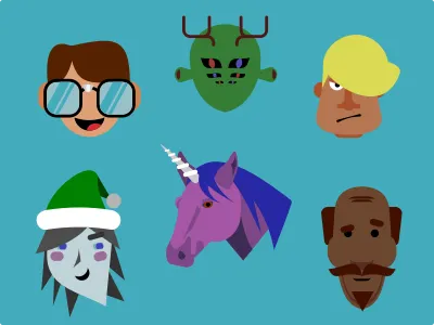 flat faces alien character design elf faces flat design nerd professor silly surfer unicorn vector
