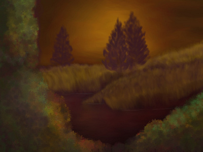 Ebony Dawn abstract autumn forest green illustration landscape nature night sky tree water wood