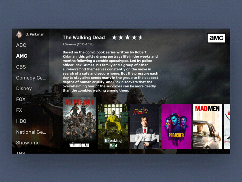 hm...what to watch... amc breaking bad daily ui principle sketch tv tv app walking dead