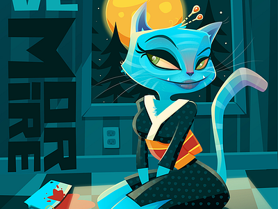 IDK Some Kind of Cat or Something blue cat cleaver japanese kimono moon moonlight murder night yukata