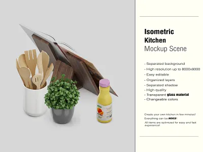 Isometric Kitchen Scene Mockup 2 interior isometric isometric interior isometric kitchen accessories isometric table kitchen kitchen mockup ma macbook pro mug samsung s9 teapot