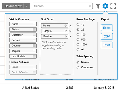 Table Options table ui