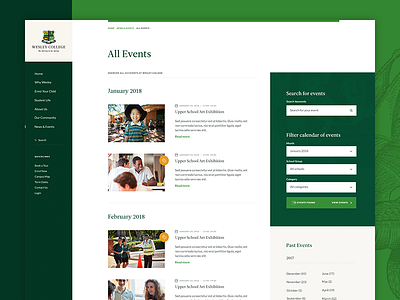 School Event Calendar blog events green grid layout school school website ui website