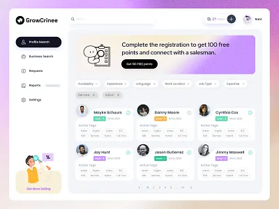 GrowCrinee – E-commerce B2B Profile Search Dashboard b2b platform business growth business networking dashboard experience e commerce dashboard e commerce ux figma ui design filters search idealrahi marketplace dashboard minimal ui modern ui product design profile search ui saas product saas ui design seller buyer matching ui ux inspiration user management