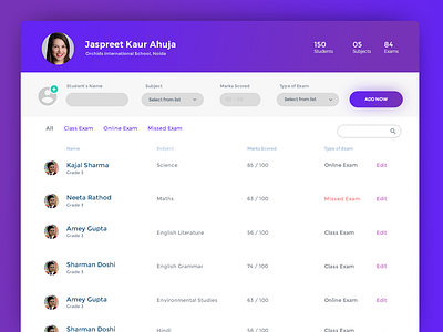 Student's Listing interface dashboard education interface list marks student online teacher ui ux