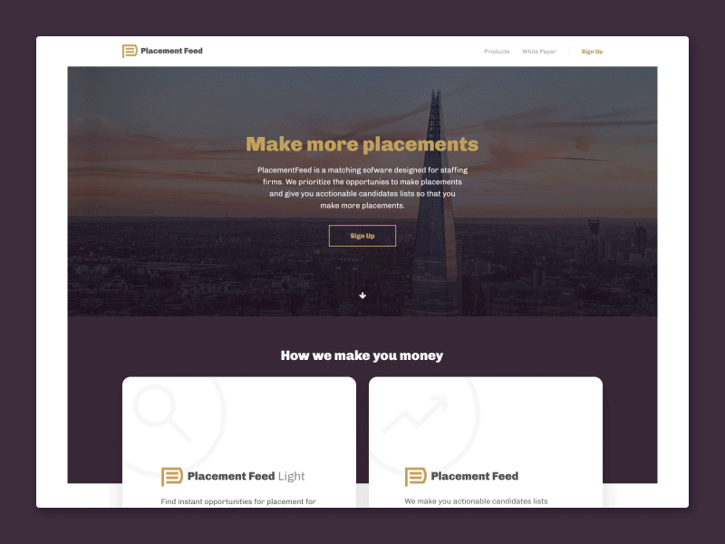 Placement Feed Landing page debut gif gold landing oblik oblik studio page purple typography ui design uiux design