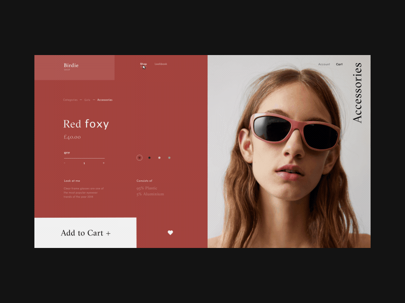 Birdie Fashion Store Accessories Product Page accessories animation e commerce fashion glasses grid interface list menu shop ui ux