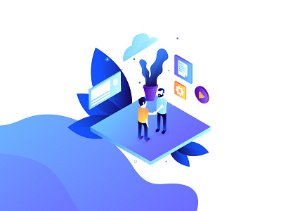 Innovation series - customer interface blue characters gradient illustration innovation isometric purple technology