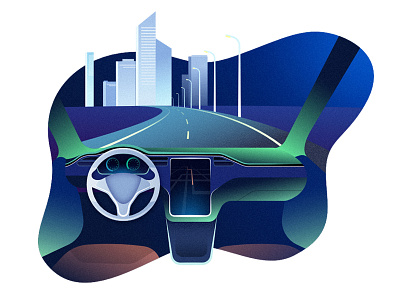 Automotive illustration affinitydesigner car futuristic interiorm drive neon outrun retrowave road vector