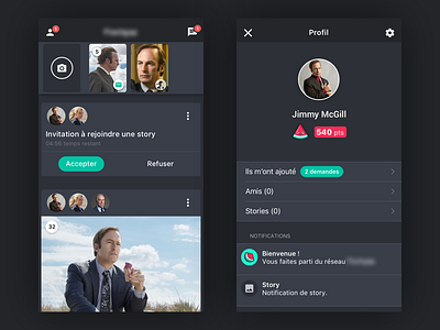Dark social UI card dark feed friends invitation news notification photo profile social story ui