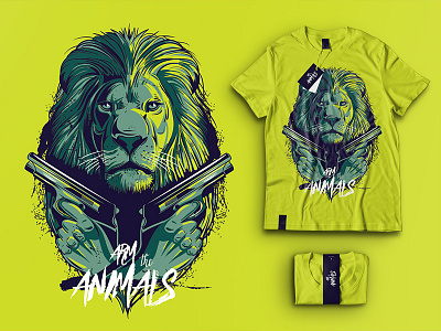T-shirt print #2 animals art hands jungle king knives lion print savage t shirt vector yellow
