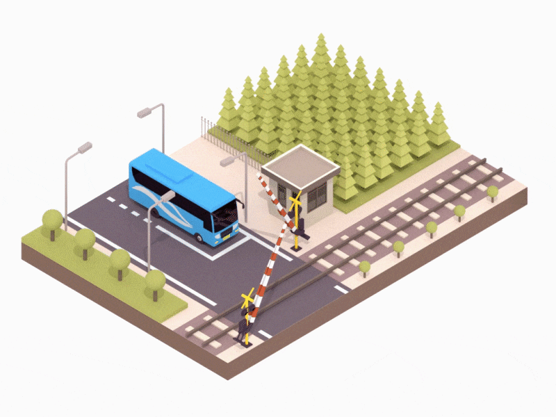 Railway Level Crossing isometric lowpoly motion railway train