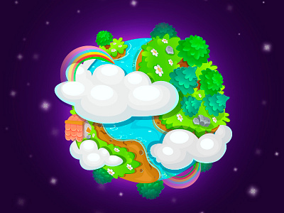 Cartoon Earth Planet on space background cartoon clouds colors cute earth fantasy galaxy planet rainbow space trees