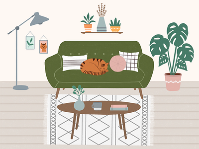 Living room scene cat home illustration interior living room monstera retro vintage