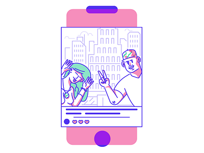 Selfie! buildings graphic design holiday illustration man peace sign selfie social media tongue woman