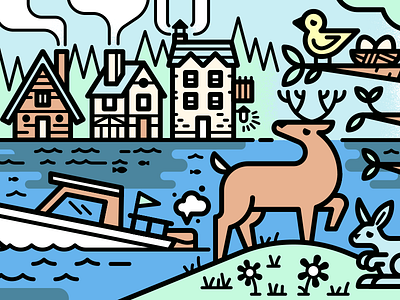 🌲🏠🍃 bird boat cottage deer green lake rabbit trees