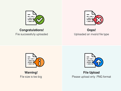 File Upload Messages alert file flat hints icon info message success success message upload user interface validation warning message