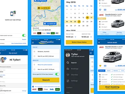 Airport Rentals App airport calendar car car rental flights ios profile sidebar
