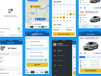 Airport Rentals App airport calendar car car rental flights ios profile sidebar