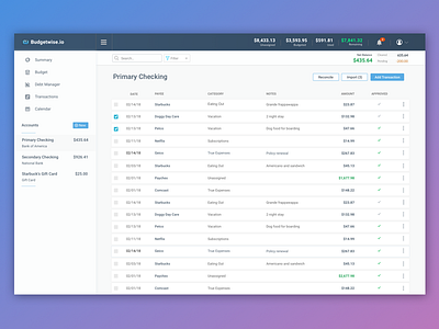 Budgetwise.io - Account & Transactions dashboard finance grid table transaction