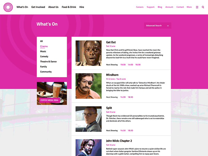 Arts website advanced search animated arts cinema desktop dropdown menu search ui ux website
