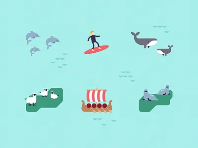 Map of Ireland #1 dolphin flat illustration ireland longship sea seal sheep surfer vector viking whale
