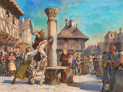 Myeon-sur-Loire - Francois Villon at the pillory faina grimberg francois villon françois villon illustration medieval paris poet poetry villon watercolor вийон