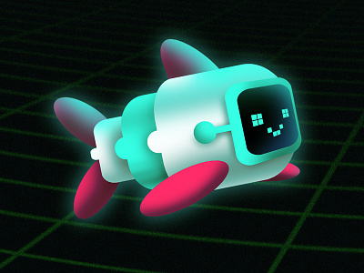 Mr Computery Fish 80s computer cyber deer shed festival digital fish making waves poster art techno tron
